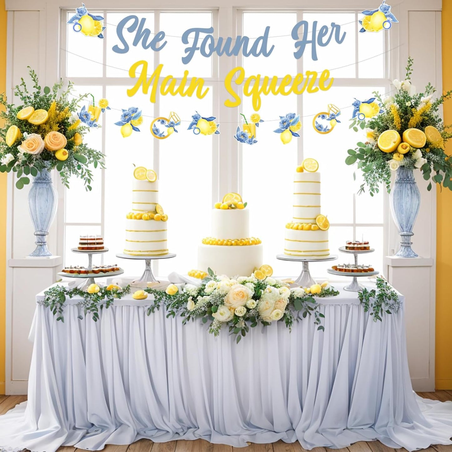 Lemon and Blue Bridal Shower Decorations Set, Bachelorette Party Decor, She Found Her Main Squeeze Banner, Lemon Themed Sign, Bride To Be Supplies
