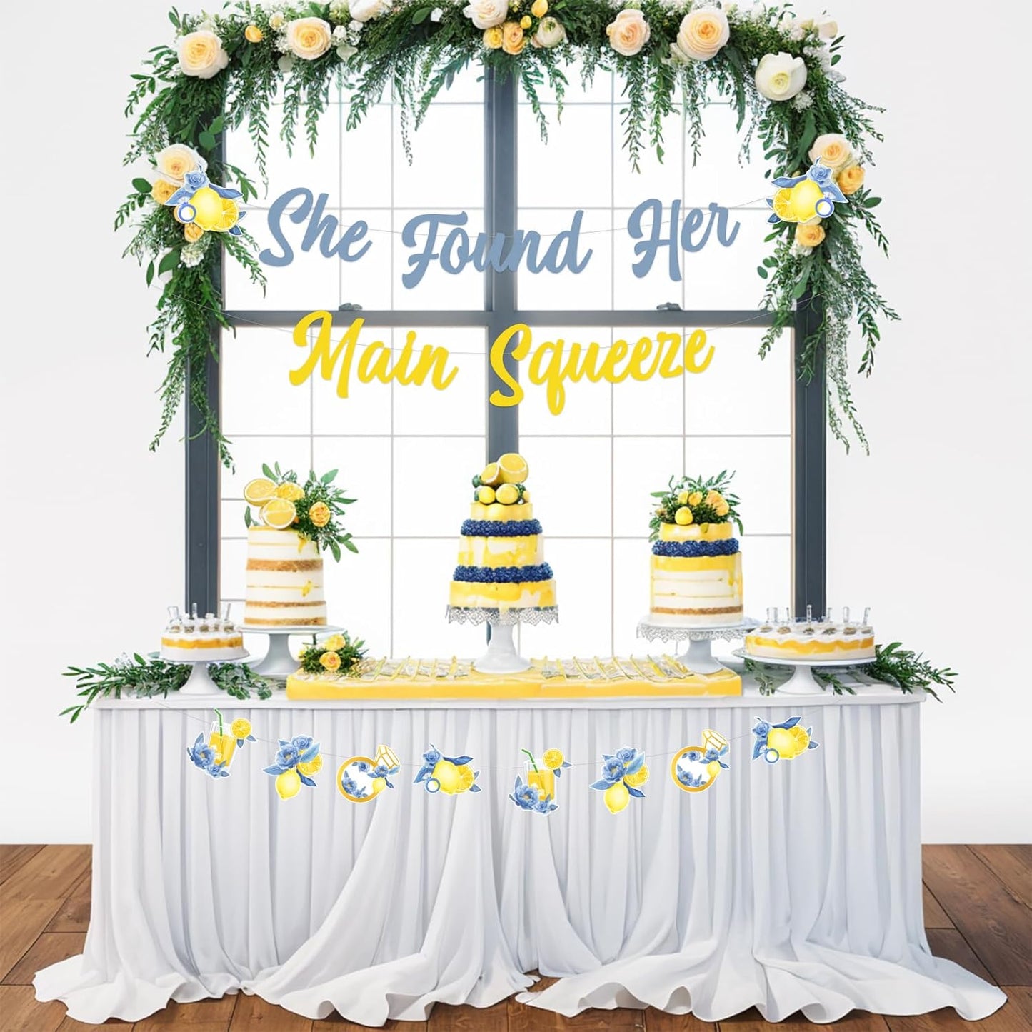 Lemon and Blue Bridal Shower Decorations Set, Bachelorette Party Decor, She Found Her Main Squeeze Banner, Lemon Themed Sign, Bride To Be Supplies