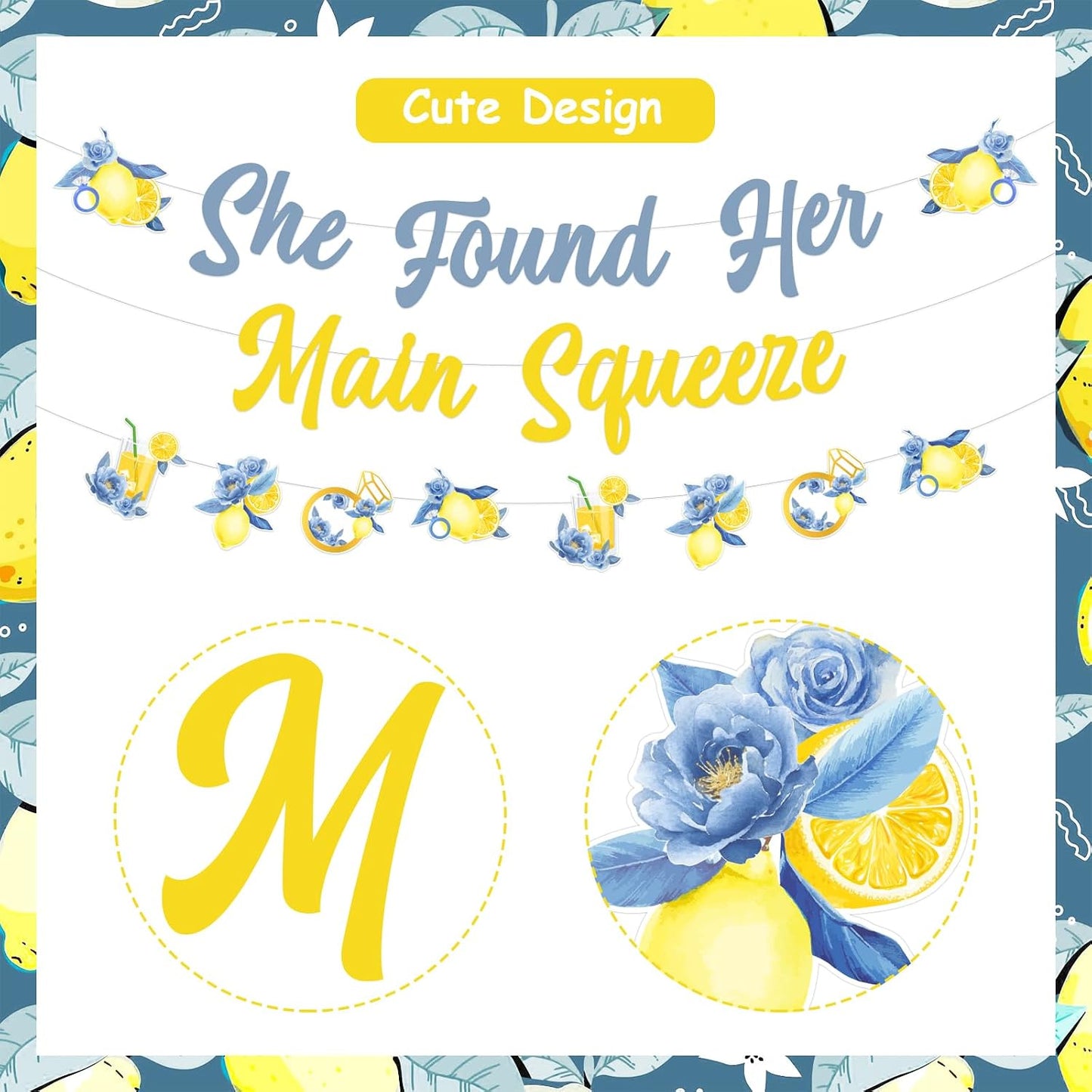 Lemon and Blue Bridal Shower Decorations Set, Bachelorette Party Decor, She Found Her Main Squeeze Banner, Lemon Themed Sign, Bride To Be Supplies