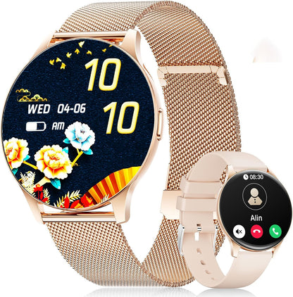 Smart Watch for Women, 1.43" AMOLED Screen Smartwatch with Answer/Make Call for iPhone/Android/Samsung, Fitness Tracker with 120+ Sport Modes, Sleep/Health Monitor, IP68 Waterproof, 2 Bands,Gold