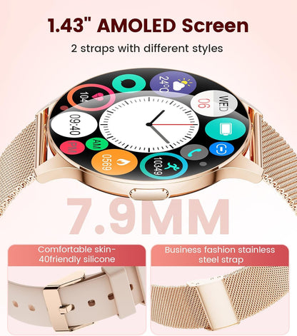 Smart Watch for Women, 1.43" AMOLED Screen Smartwatch with Answer/Make Call for iPhone/Android/Samsung, Fitness Tracker with 120+ Sport Modes, Sleep/Health Monitor, IP68 Waterproof, 2 Bands,Gold