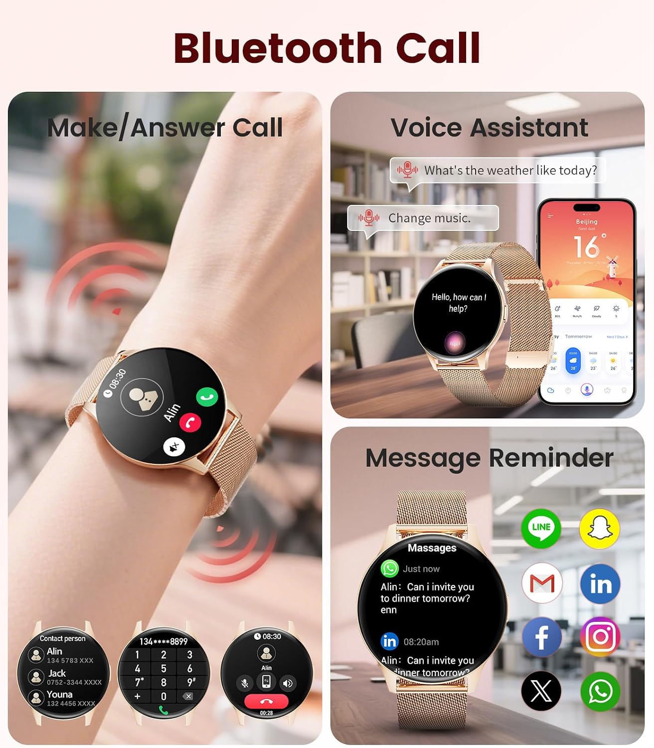 Smart Watch for Women, 1.43" AMOLED Screen Smartwatch with Answer/Make Call for iPhone/Android/Samsung, Fitness Tracker with 120+ Sport Modes, Sleep/Health Monitor, IP68 Waterproof, 2 Bands,Gold