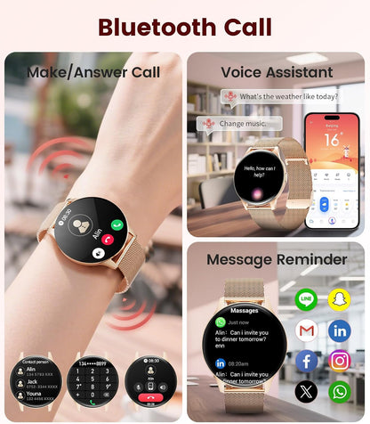 Smart Watch for Women, 1.43" AMOLED Screen Smartwatch with Answer/Make Call for iPhone/Android/Samsung, Fitness Tracker with 120+ Sport Modes, Sleep/Health Monitor, IP68 Waterproof, 2 Bands,Gold