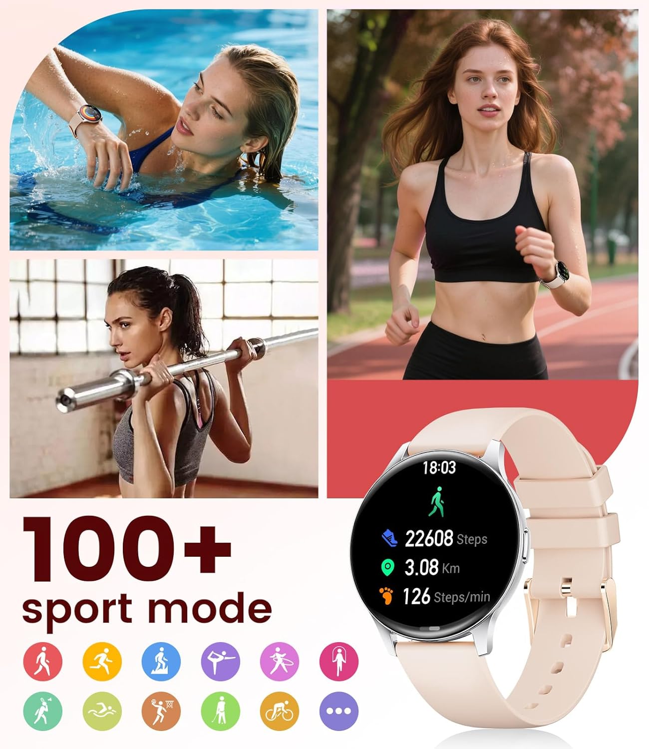 Smart Watch for Women, 1.43" AMOLED Screen Smartwatch with Answer/Make Call for iPhone/Android/Samsung, Fitness Tracker with 120+ Sport Modes, Sleep/Health Monitor, IP68 Waterproof, 2 Bands,Gold