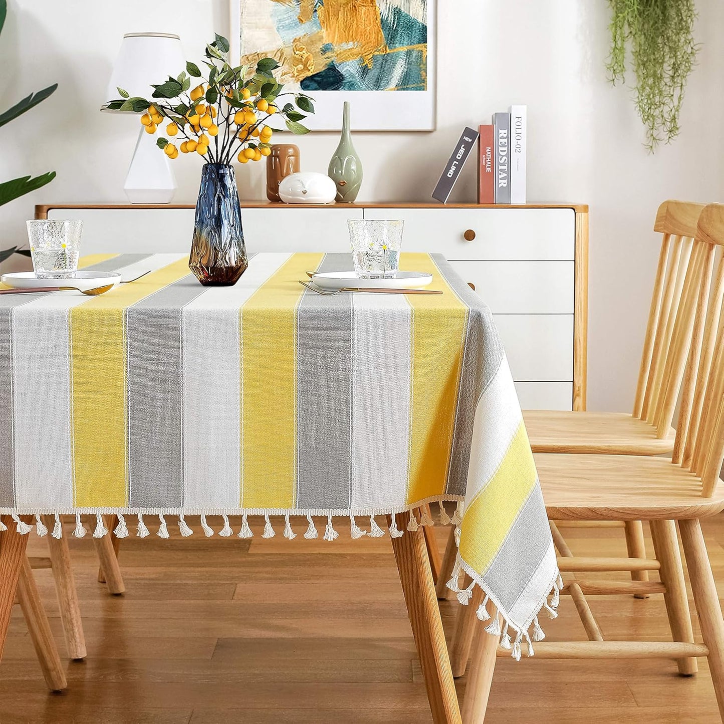 AmHoo Striped Tassel Tablecloth Stitching Rectangle Table Cloth Table Cover for Kitchen Dinning Tabletop 55 x 55 Inch Yellow