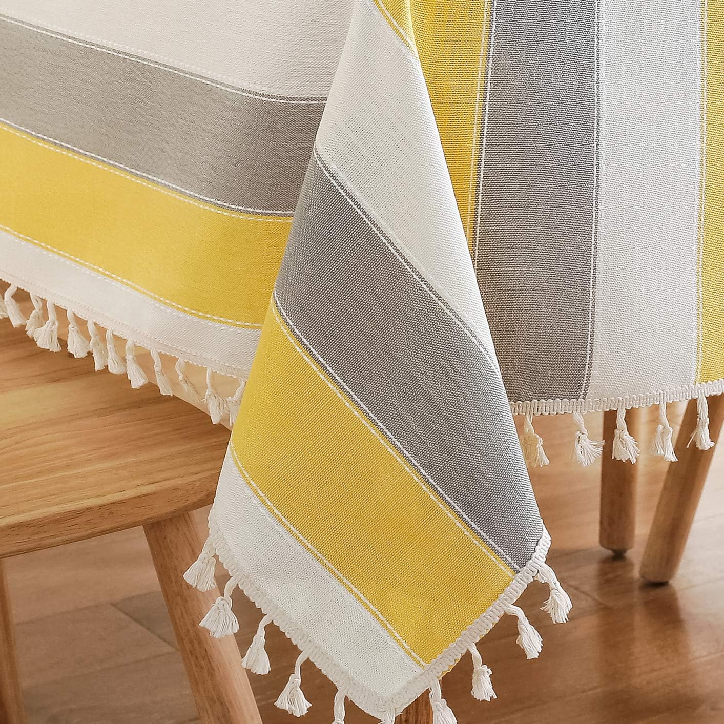 AmHoo Striped Tassel Tablecloth Stitching Rectangle Table Cloth Table Cover for Kitchen Dinning Tabletop 55 x 55 Inch Yellow