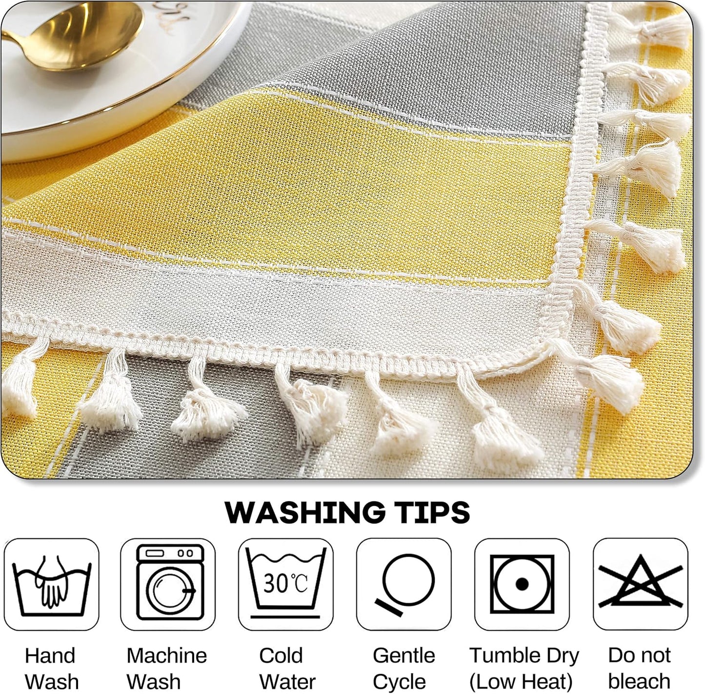 AmHoo Striped Tassel Tablecloth Stitching Rectangle Table Cloth Table Cover for Kitchen Dinning Tabletop 55 x 55 Inch Yellow