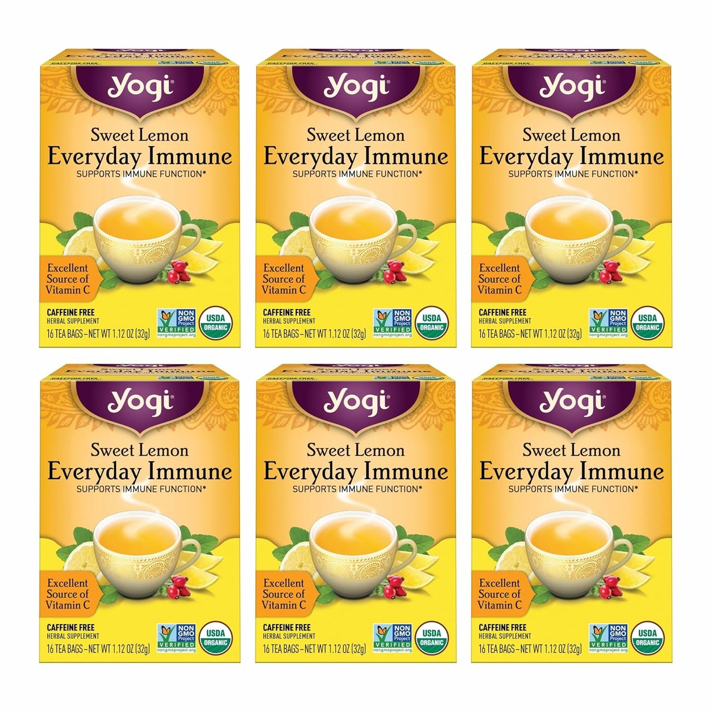 Tea Sweet Lemon Everyday Immune Tea - 16 Tea Bags per Pack (6 Packs) - Daily Immune Support Tea - Delicious Lemon Tea Bags - Includes Tulsi, Lemongrass, Rose Hip, Lemon Peel & More