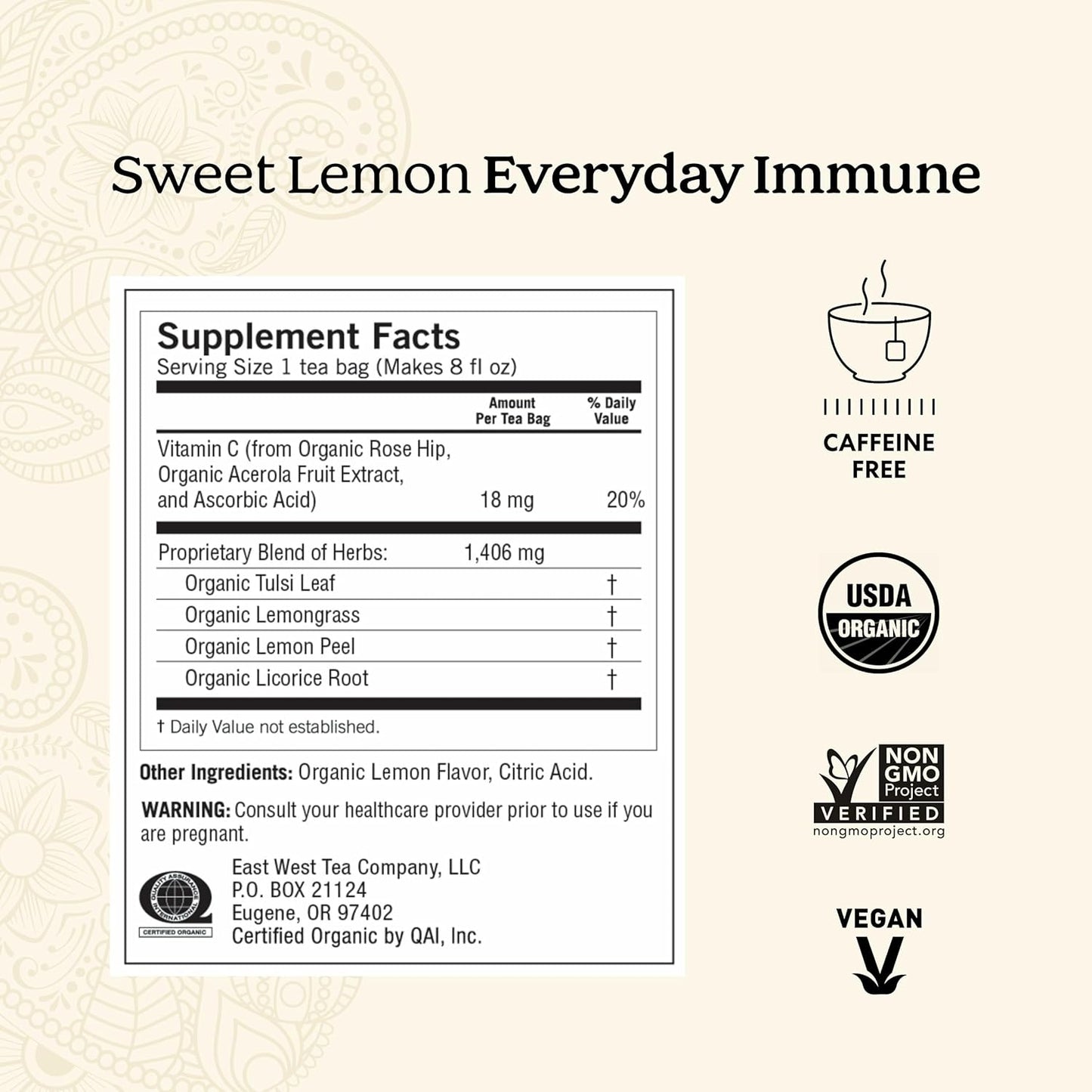 Tea Sweet Lemon Everyday Immune Tea - 16 Tea Bags per Pack (6 Packs) - Daily Immune Support Tea - Delicious Lemon Tea Bags - Includes Tulsi, Lemongrass, Rose Hip, Lemon Peel & More