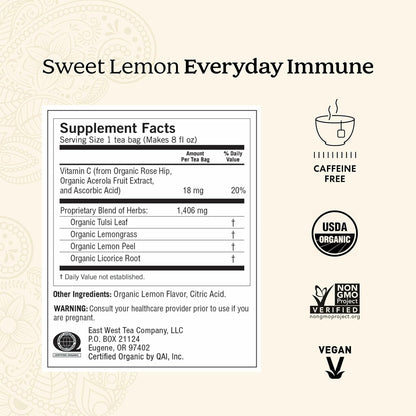 Tea Sweet Lemon Everyday Immune Tea - 16 Tea Bags per Pack (6 Packs) - Daily Immune Support Tea - Delicious Lemon Tea Bags - Includes Tulsi, Lemongrass, Rose Hip, Lemon Peel & More