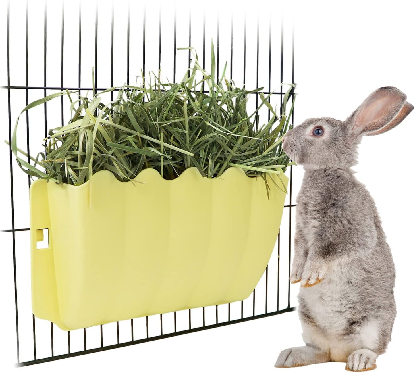 Rabbit Hanging Hay Feeder Rack Guinea Pig Mess-Free Dispenser Hay Bowl Manger Rack Wall-Mounted for Small Pets Rat Chinchilla Ferret Squirrel Cage Accessories (Yellow)