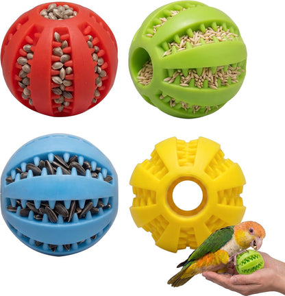 4 Pcs Silicone Bird Foraging Toys, Treat Dispenser Balls with Flexible Gaps for Conures, Parakeets and Cockatiels, Easy to Clean Pet Enrichment Feeder, Red Blue Yellow Green, 2x2 Inches