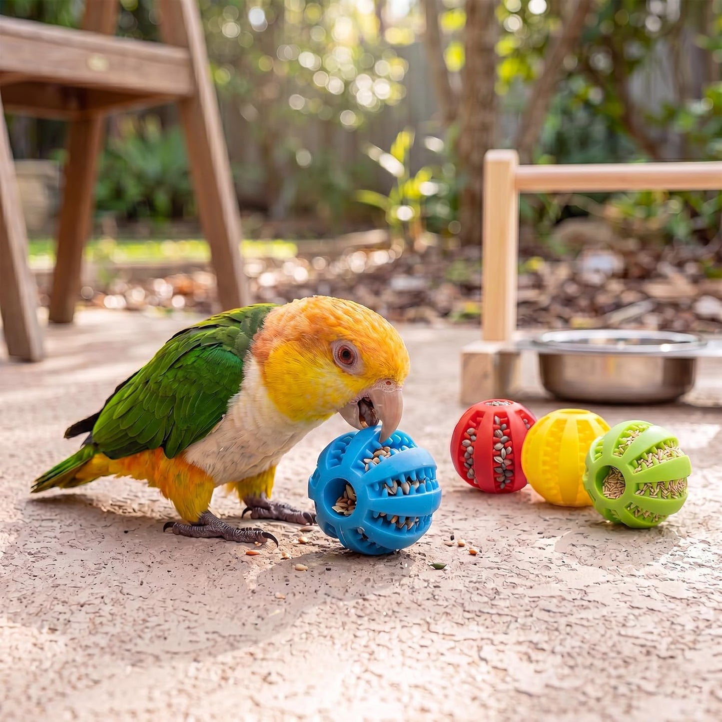4 Pcs Silicone Bird Foraging Toys, Treat Dispenser Balls with Flexible Gaps for Conures, Parakeets and Cockatiels, Easy to Clean Pet Enrichment Feeder, Red Blue Yellow Green, 2x2 Inches