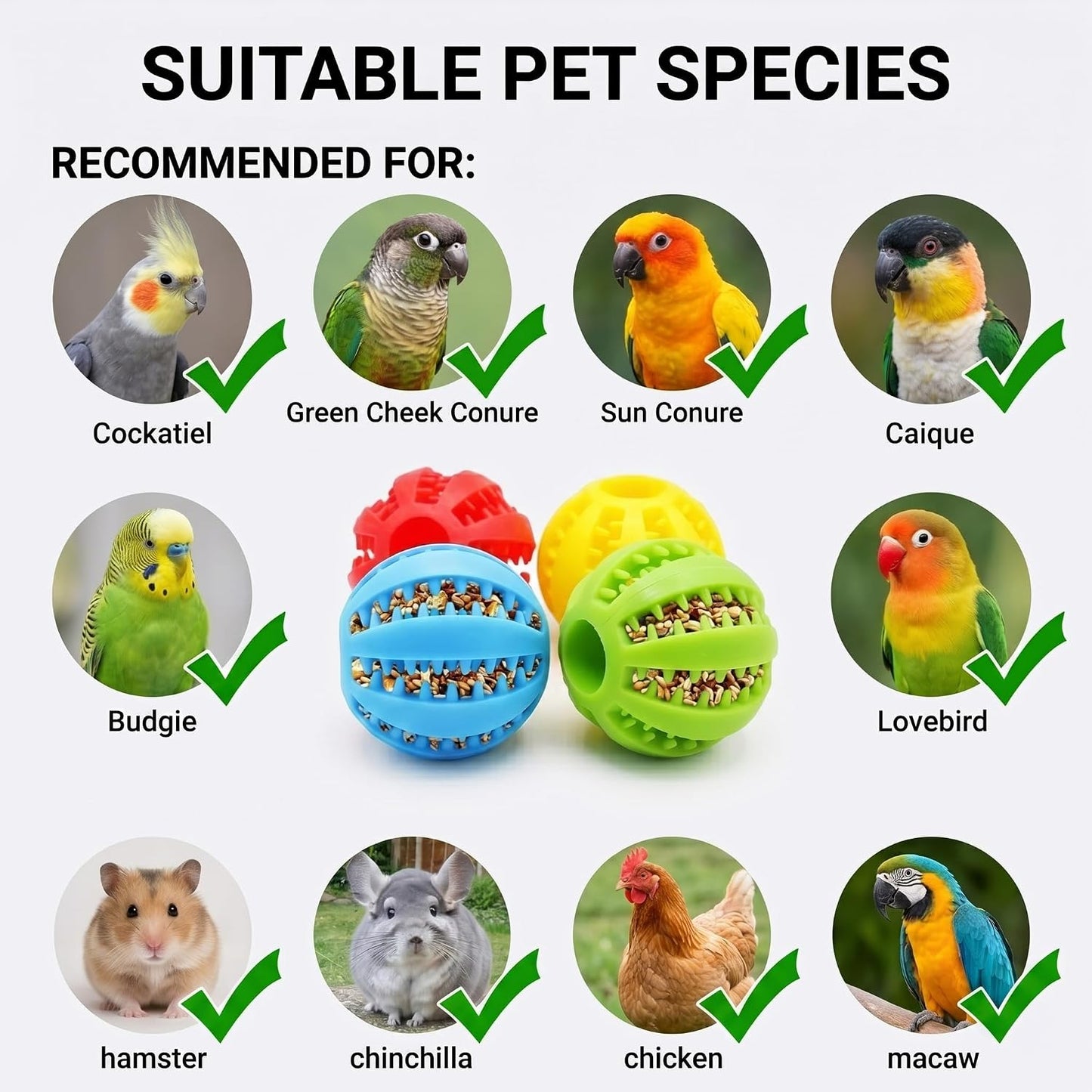4 Pcs Silicone Bird Foraging Toys, Treat Dispenser Balls with Flexible Gaps for Conures, Parakeets and Cockatiels, Easy to Clean Pet Enrichment Feeder, Red Blue Yellow Green, 2x2 Inches