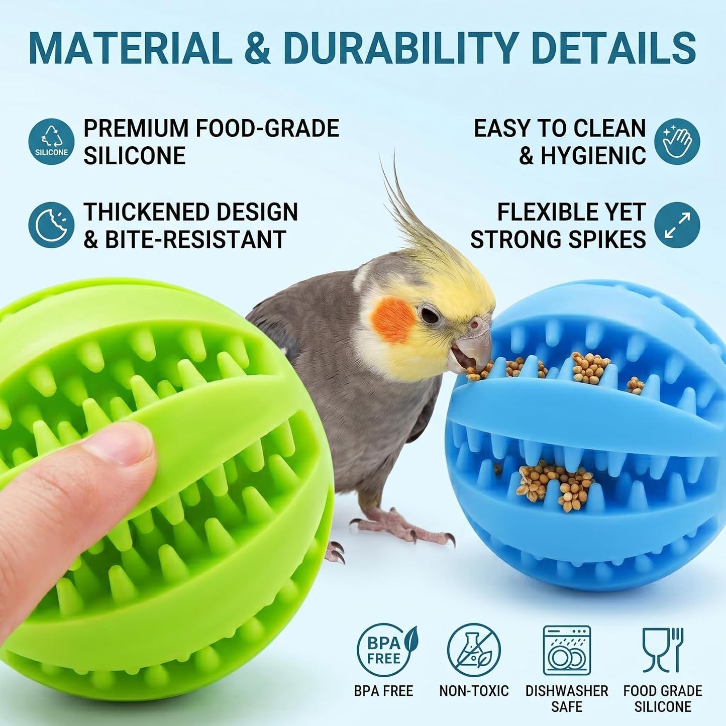 4 Pcs Silicone Bird Foraging Toys, Treat Dispenser Balls with Flexible Gaps for Conures, Parakeets and Cockatiels, Easy to Clean Pet Enrichment Feeder, Red Blue Yellow Green, 2x2 Inches