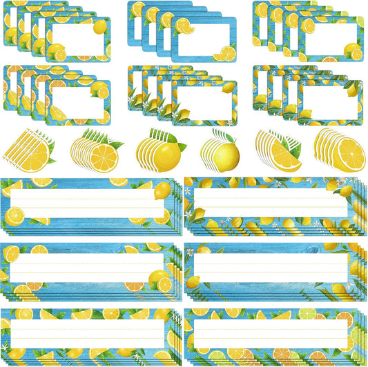 72 Pcs Summer Lemon Name Tags for Classroom 12 x 3.5 Lemon Flat Desk Name Labels Back to School Bulletin Board Nameplates Decorations Set for Student Teacher Employee Gifts