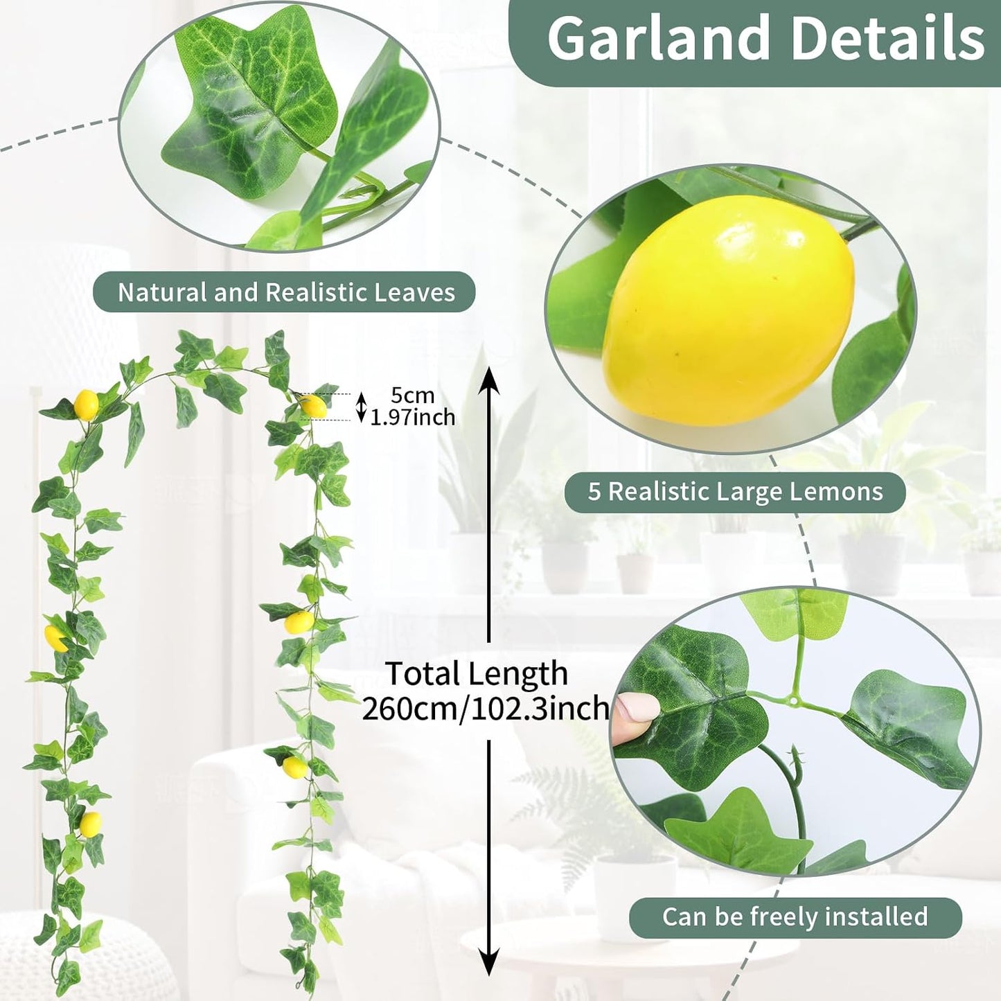 4PCS Artificial Lemon Vine Garland 34Ft Total, Artificial Fruit Lemon Vine with Green Leaves, Ideal for Home, Office, Bookstore, café, Fireplace Mantel and Various Festive Decorations