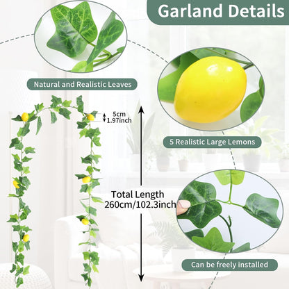4PCS Artificial Lemon Vine Garland 34Ft Total, Artificial Fruit Lemon Vine with Green Leaves, Ideal for Home, Office, Bookstore, café, Fireplace Mantel and Various Festive Decorations