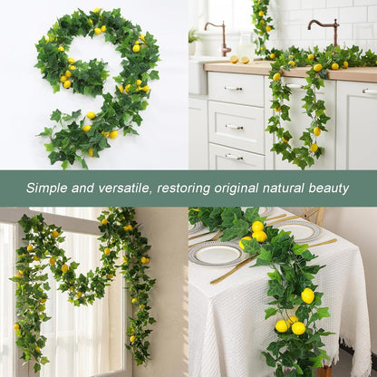 4PCS Artificial Lemon Vine Garland 34Ft Total, Artificial Fruit Lemon Vine with Green Leaves, Ideal for Home, Office, Bookstore, café, Fireplace Mantel and Various Festive Decorations