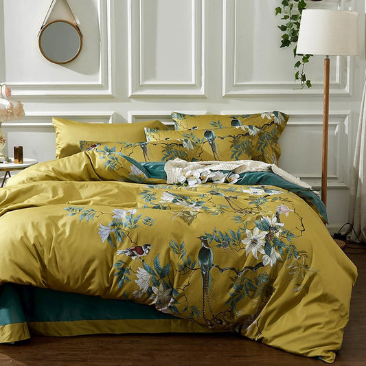 Floral Duvet Cover Set Full Soft Cotton White Flowers Birds Bedding with Zipper Closure 2 Pillowcases Leaf Printed Yellow Comforter Cover Set-Easy Care, Soft and Durable-Full Size
