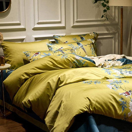 Floral Duvet Cover Set Full Soft Cotton White Flowers Birds Bedding with Zipper Closure 2 Pillowcases Leaf Printed Yellow Comforter Cover Set-Easy Care, Soft and Durable-Full Size