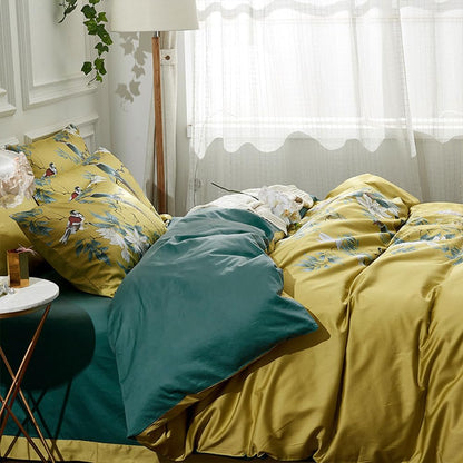 Floral Duvet Cover Set Full Soft Cotton White Flowers Birds Bedding with Zipper Closure 2 Pillowcases Leaf Printed Yellow Comforter Cover Set-Easy Care, Soft and Durable-Full Size