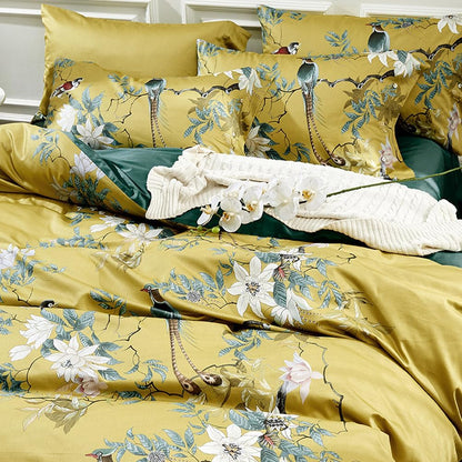 Floral Duvet Cover Set Full Soft Cotton White Flowers Birds Bedding with Zipper Closure 2 Pillowcases Leaf Printed Yellow Comforter Cover Set-Easy Care, Soft and Durable-Full Size