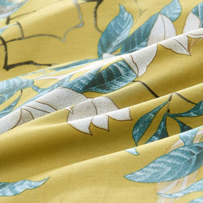 Floral Duvet Cover Set Full Soft Cotton White Flowers Birds Bedding with Zipper Closure 2 Pillowcases Leaf Printed Yellow Comforter Cover Set-Easy Care, Soft and Durable-Full Size