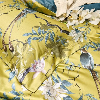 Floral Duvet Cover Set Full Soft Cotton White Flowers Birds Bedding with Zipper Closure 2 Pillowcases Leaf Printed Yellow Comforter Cover Set-Easy Care, Soft and Durable-Full Size