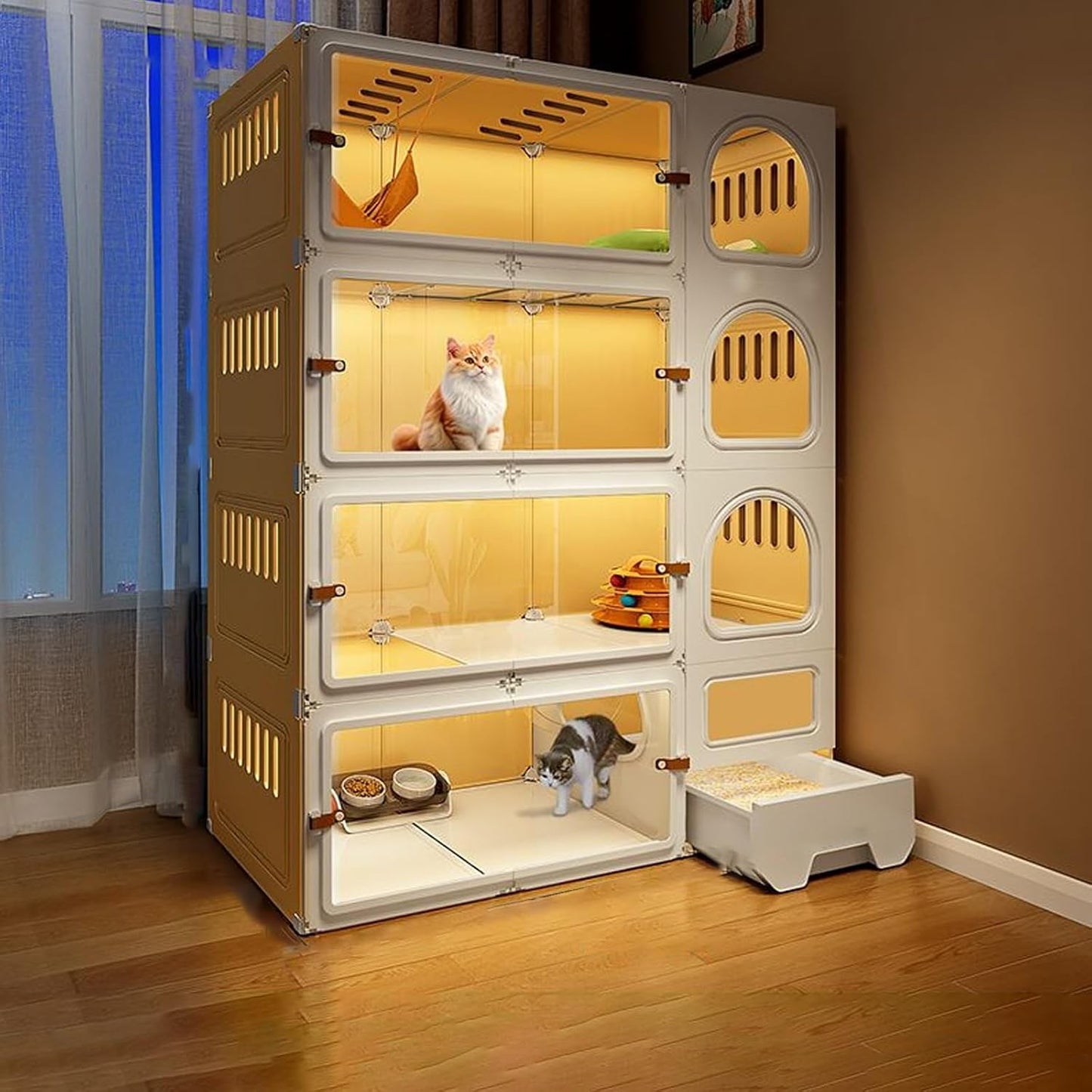 2/3/4 Tier Large Cat Cages Indoor, Cat Cage with Litter Box, cat Villa， Home Indoor cat cage，Cat Patio Enclosure Outdoor, Pet Cage with Toilet(Yellow,Quadruple Layer)