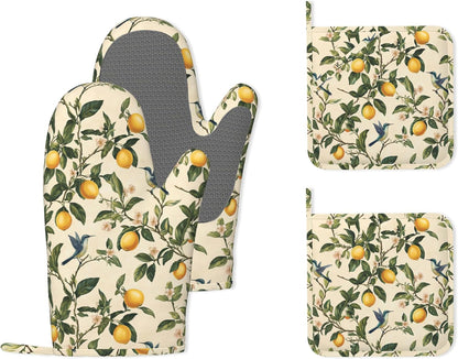 Hummingbird Vintage Lemon Heat-Resistant Silicone Oven Mitts and Pot Holders,Long Oven Gloves with Non-Slip Grip for Cooking, Baking, Grilling,BBQ
