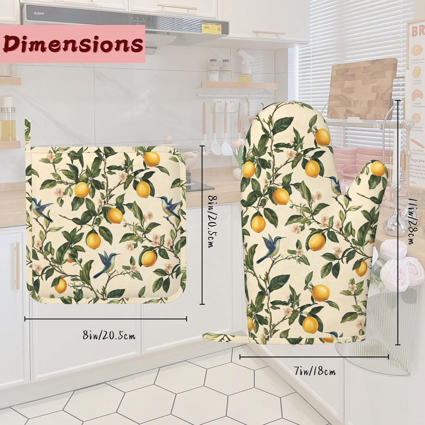 Hummingbird Vintage Lemon Heat-Resistant Silicone Oven Mitts and Pot Holders,Long Oven Gloves with Non-Slip Grip for Cooking, Baking, Grilling,BBQ