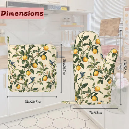 Hummingbird Vintage Lemon Heat-Resistant Silicone Oven Mitts and Pot Holders,Long Oven Gloves with Non-Slip Grip for Cooking, Baking, Grilling,BBQ