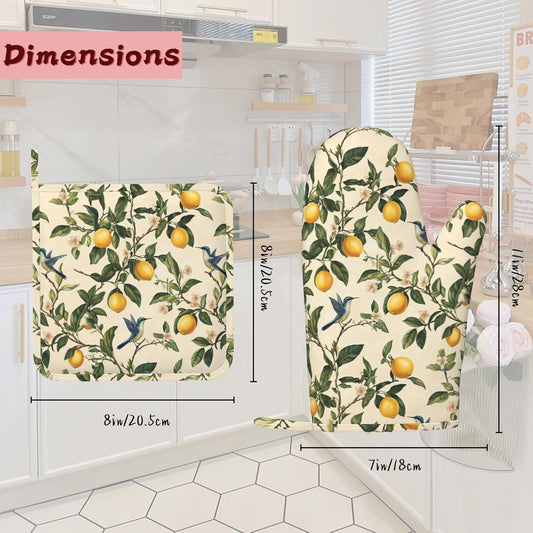 Hummingbird Vintage Lemon Heat-Resistant Silicone Oven Mitts and Pot Holders,Long Oven Gloves with Non-Slip Grip for Cooking, Baking, Grilling,BBQ