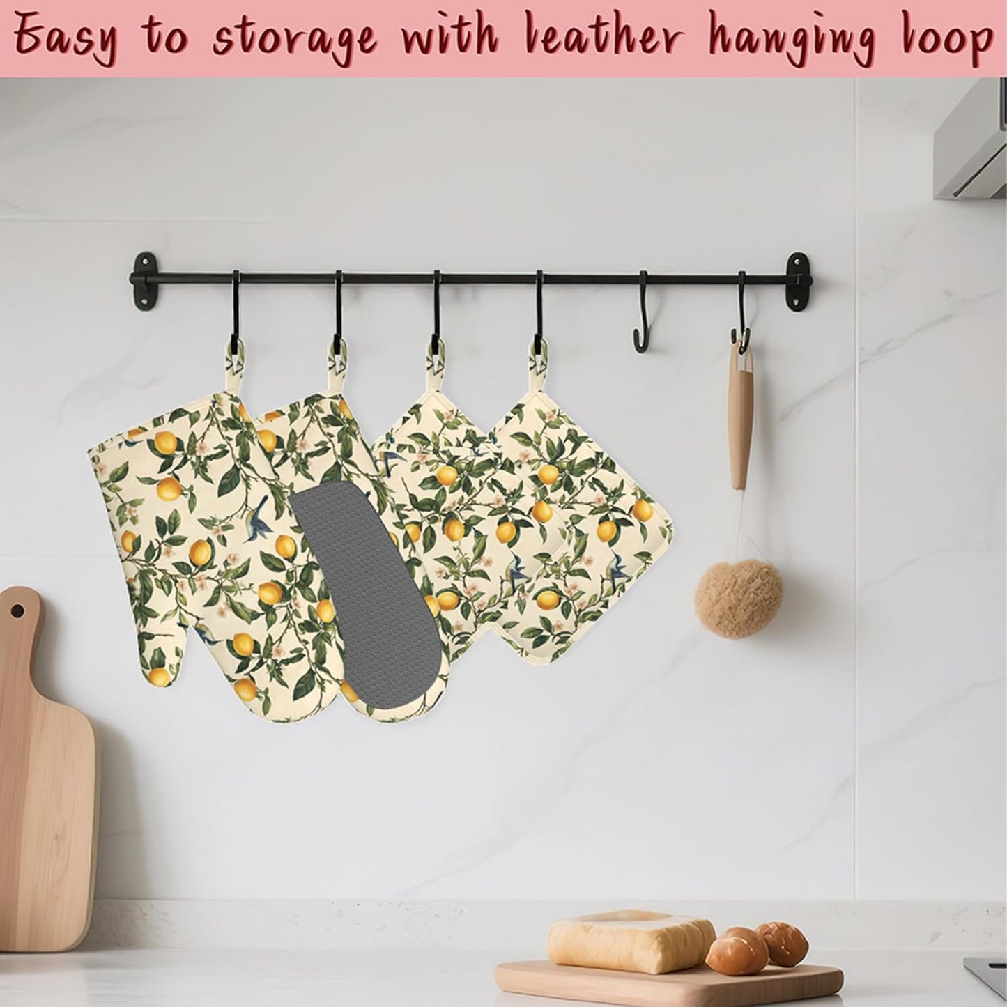 Hummingbird Vintage Lemon Heat-Resistant Silicone Oven Mitts and Pot Holders,Long Oven Gloves with Non-Slip Grip for Cooking, Baking, Grilling,BBQ