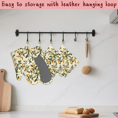 Hummingbird Vintage Lemon Heat-Resistant Silicone Oven Mitts and Pot Holders,Long Oven Gloves with Non-Slip Grip for Cooking, Baking, Grilling,BBQ