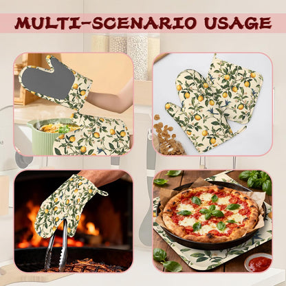 Hummingbird Vintage Lemon Heat-Resistant Silicone Oven Mitts and Pot Holders,Long Oven Gloves with Non-Slip Grip for Cooking, Baking, Grilling,BBQ