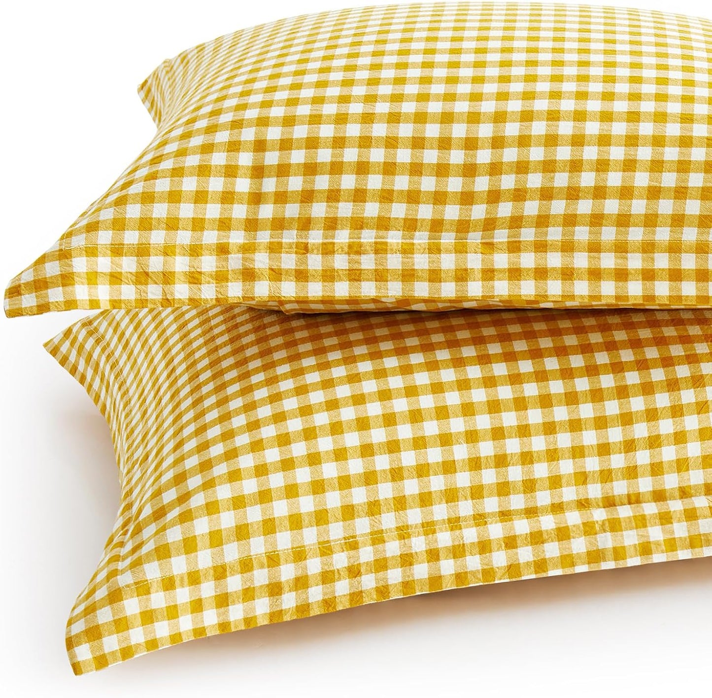 Mustard Yellow Plaid Gingham Pillowcases, 20x26 Inches, Set of 2 | Pure Cotton, Standard Size Pillow Shams, 2 Inch Edge, Linen Like Feel
