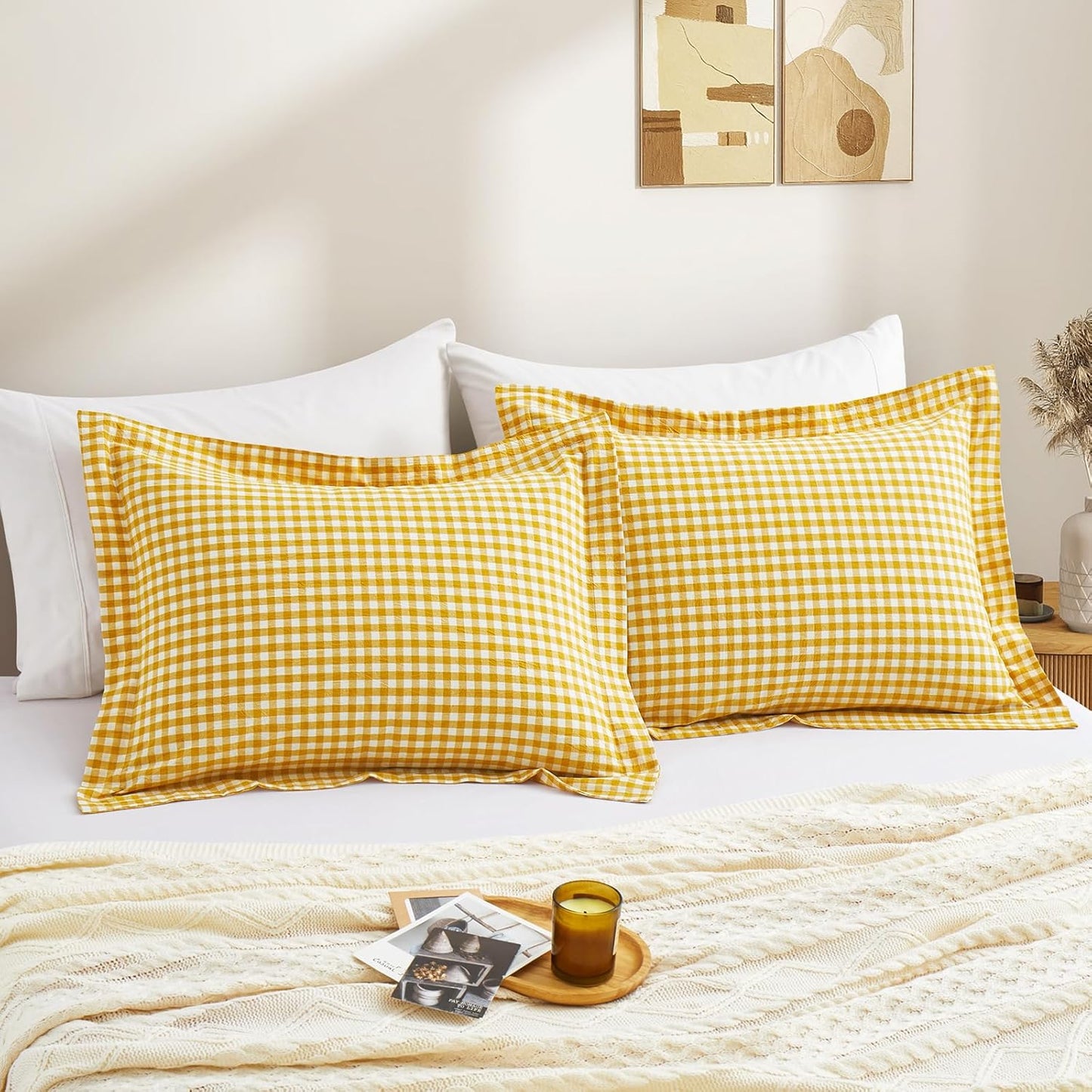 Mustard Yellow Plaid Gingham Pillowcases, 20x26 Inches, Set of 2 | Pure Cotton, Standard Size Pillow Shams, 2 Inch Edge, Linen Like Feel