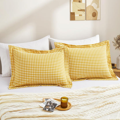 Mustard Yellow Plaid Gingham Pillowcases, 20x26 Inches, Set of 2 | Pure Cotton, Standard Size Pillow Shams, 2 Inch Edge, Linen Like Feel