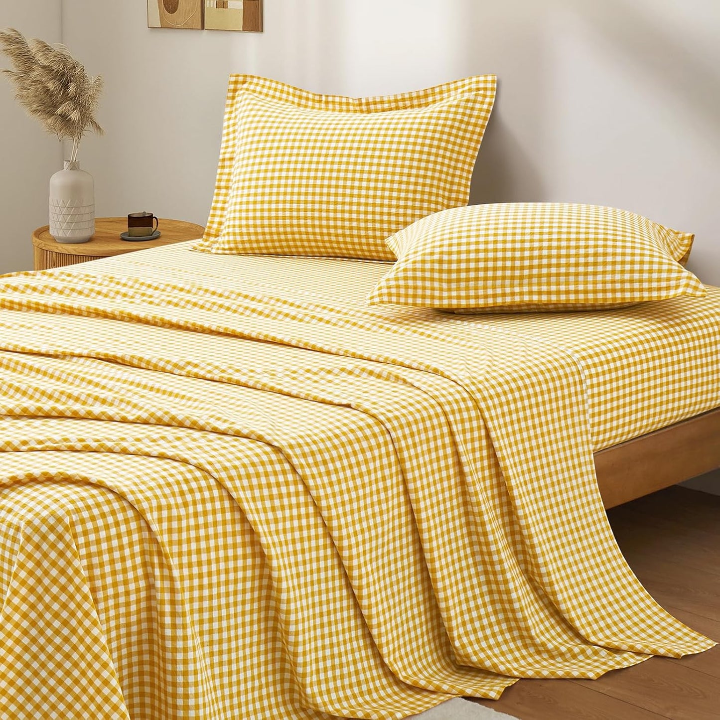 Mustard Yellow Plaid Gingham Pillowcases, 20x26 Inches, Set of 2 | Pure Cotton, Standard Size Pillow Shams, 2 Inch Edge, Linen Like Feel