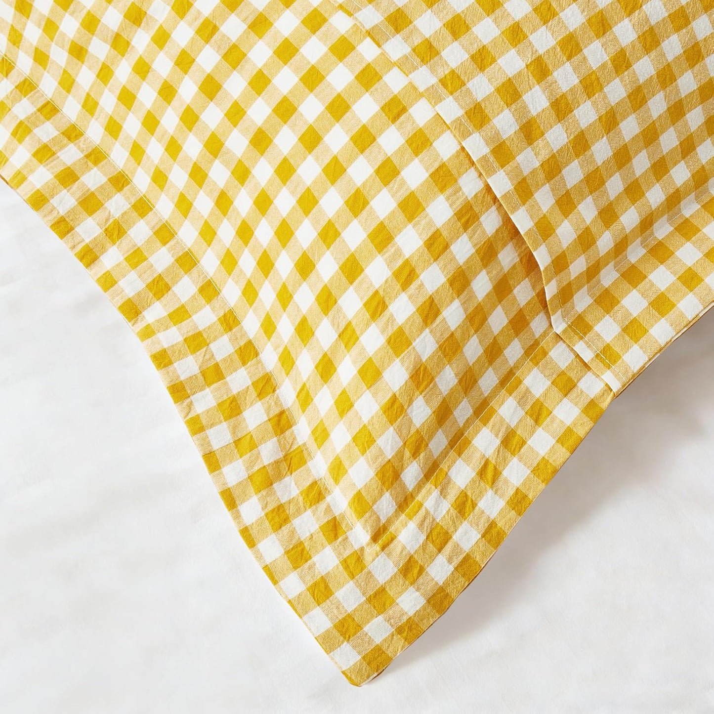 Mustard Yellow Plaid Gingham Pillowcases, 20x26 Inches, Set of 2 | Pure Cotton, Standard Size Pillow Shams, 2 Inch Edge, Linen Like Feel
