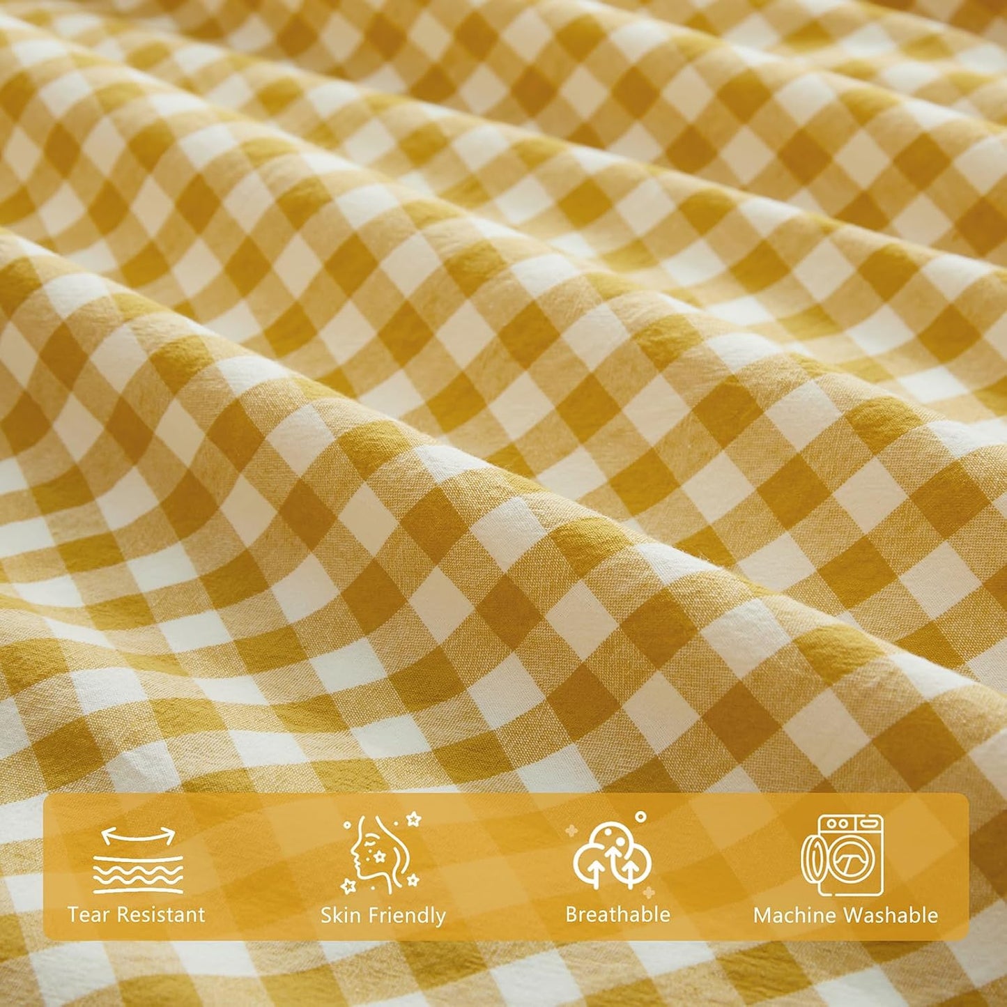 Mustard Yellow Plaid Gingham Pillowcases, 20x26 Inches, Set of 2 | Pure Cotton, Standard Size Pillow Shams, 2 Inch Edge, Linen Like Feel