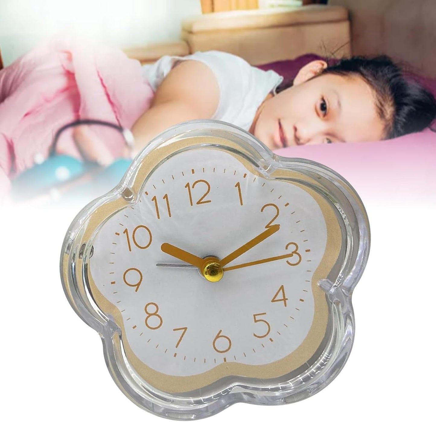 Alarm Clock, Cute Analog Transparent Frame Flower Shape Digital Quartz Clock, Non Ticking Battery Operated Quiet Low Noise Table Clock for Living Room Bedroom Bedside, Yellow (Without Battery)