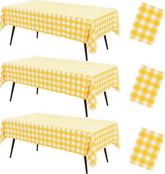 3 Packs Buffalo Disposable Table Cloth, 54 x 108 Inch Waterproof Plastic Tablecloth, Rectangle Yellow and White Checkered Table Covers for Picnic, Birthday, Party, Back to School