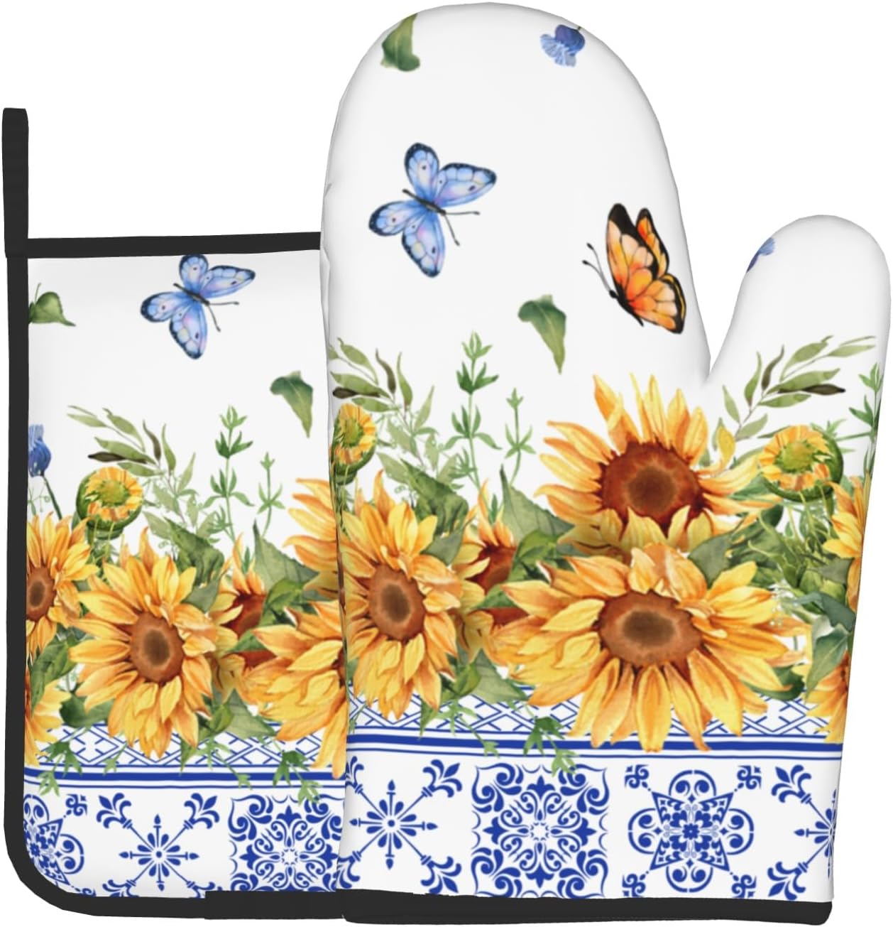 Sunflower Oven Mitts and Pot Holders Sets Yellow Floral Butterfly Oven Mitts Heat Resistant Blue Boho Farmhouse Spring Summer Decorative Oven Gloves Hot Pad for Kitchen Cooking Baking Grilling Dining
