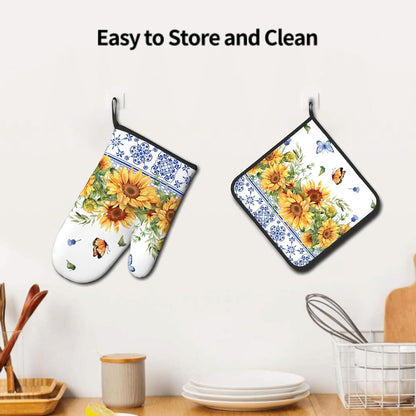 Sunflower Oven Mitts and Pot Holders Sets Yellow Floral Butterfly Oven Mitts Heat Resistant Blue Boho Farmhouse Spring Summer Decorative Oven Gloves Hot Pad for Kitchen Cooking Baking Grilling Dining
