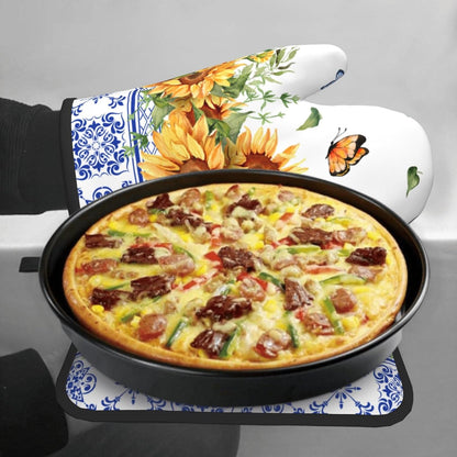Sunflower Oven Mitts and Pot Holders Sets Yellow Floral Butterfly Oven Mitts Heat Resistant Blue Boho Farmhouse Spring Summer Decorative Oven Gloves Hot Pad for Kitchen Cooking Baking Grilling Dining