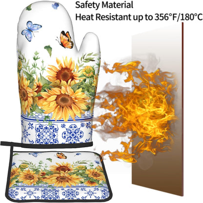 Sunflower Oven Mitts and Pot Holders Sets Yellow Floral Butterfly Oven Mitts Heat Resistant Blue Boho Farmhouse Spring Summer Decorative Oven Gloves Hot Pad for Kitchen Cooking Baking Grilling Dining