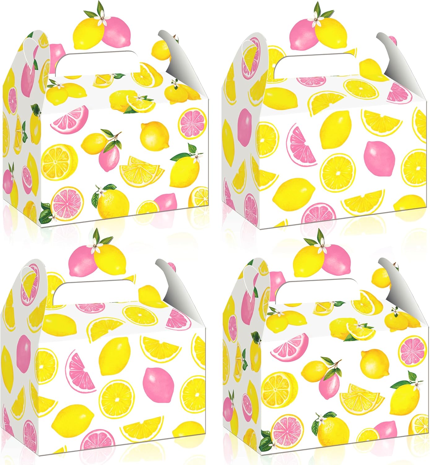 12Pcs Lemon Pink Citrus Themed Treat Boxes - Double-Sided Designed Lemonade Goodie Boxes with Handles for Girl Birthday, Summer Fruit Party, Baby Shower, Candy & Cookie Favors